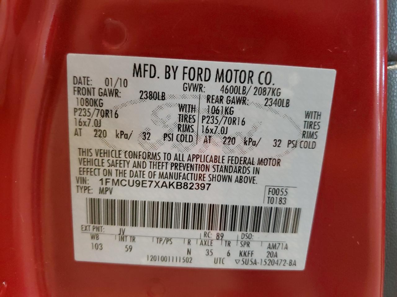 2010 Ford Escape Limited VIN: 1FMCU9E7XAKB82397 Lot: 91797785