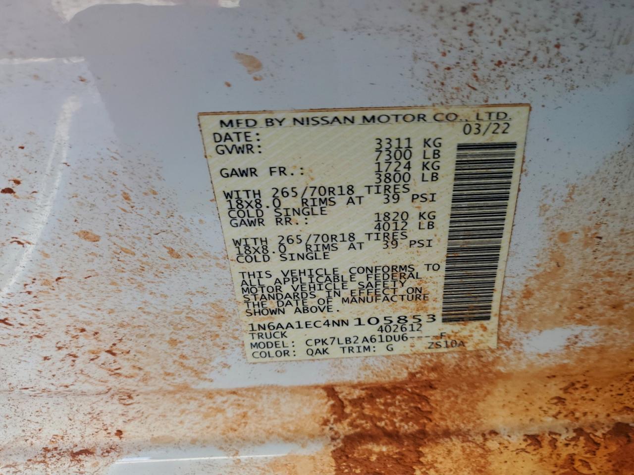 2022 Nissan Titan S VIN: 1N6AA1EC4NN105853 Lot: 93257965