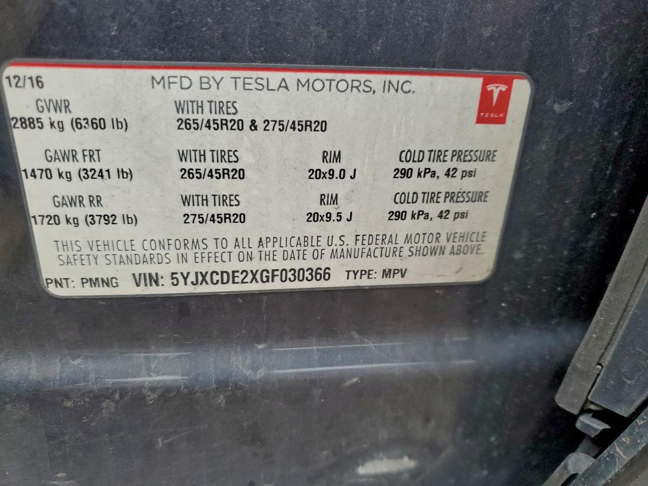 2016 Tesla Model X VIN: 5YJXCDE2XGF030366 Lot: 92515505