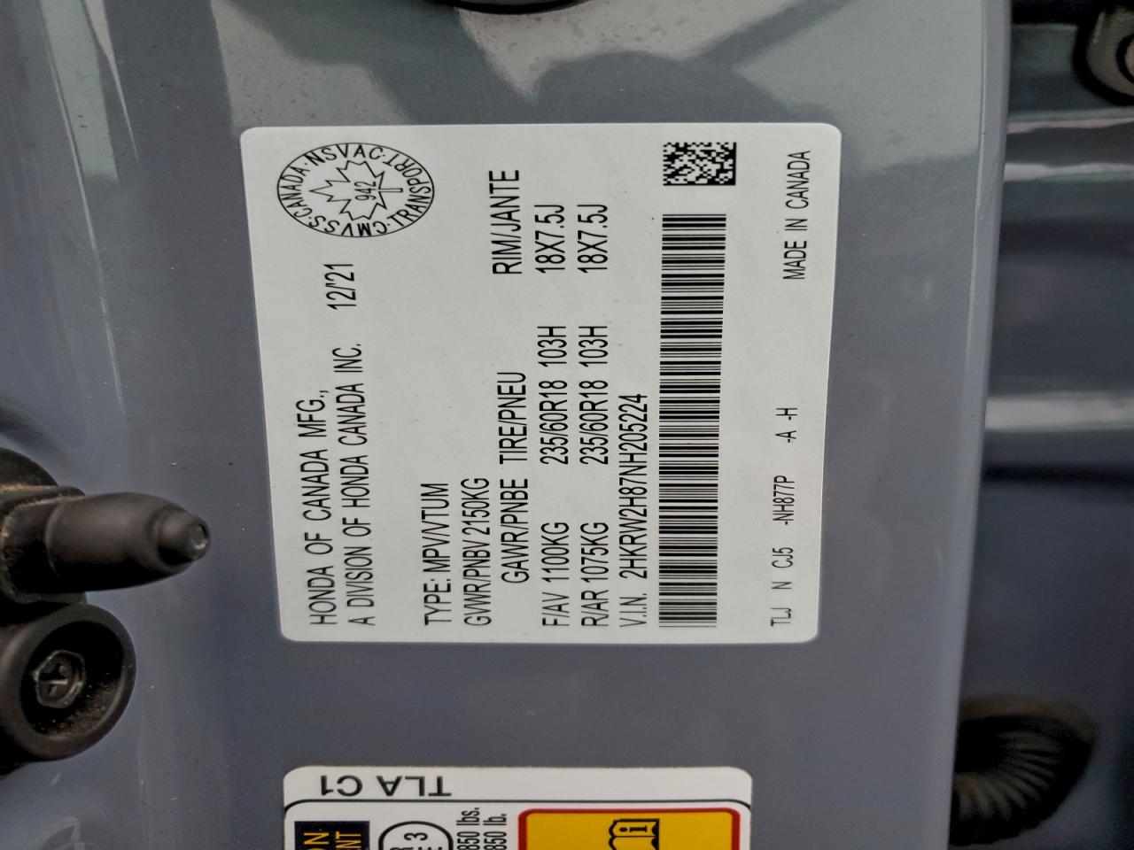 2022 Honda Cr-V Exl VIN: 2HKRW2H87NH205224 Lot: 92451535