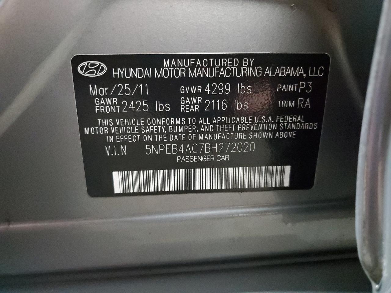 2011 Hyundai Sonata Gls VIN: 5NPEB4AC7BH272020 Lot: 91209495