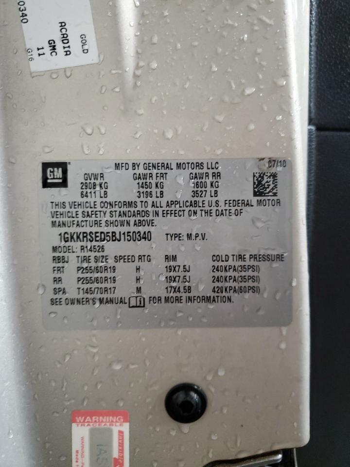 2011 GMC Acadia Slt-2 VIN: 1GKKRSED5BJ150340 Lot: 91449765