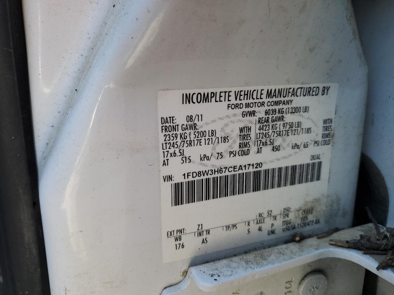 2012 Ford F350 Super Duty VIN: 1FD8W3H67CEA17120 Lot: 92783965