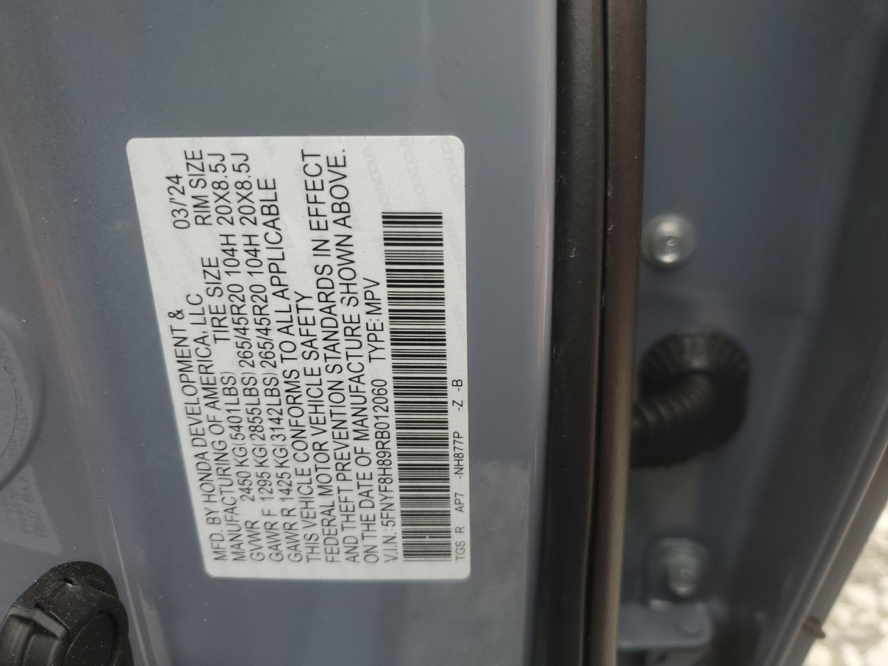2024 Honda Passport Black Edition VIN: 5FNYF8H89RB012060 Lot: 92219765