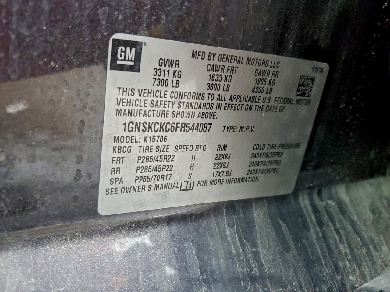 2015 Chevrolet Tahoe K1500 Ltz VIN: 1GNSKCKC6FR544087 Lot: 94581005