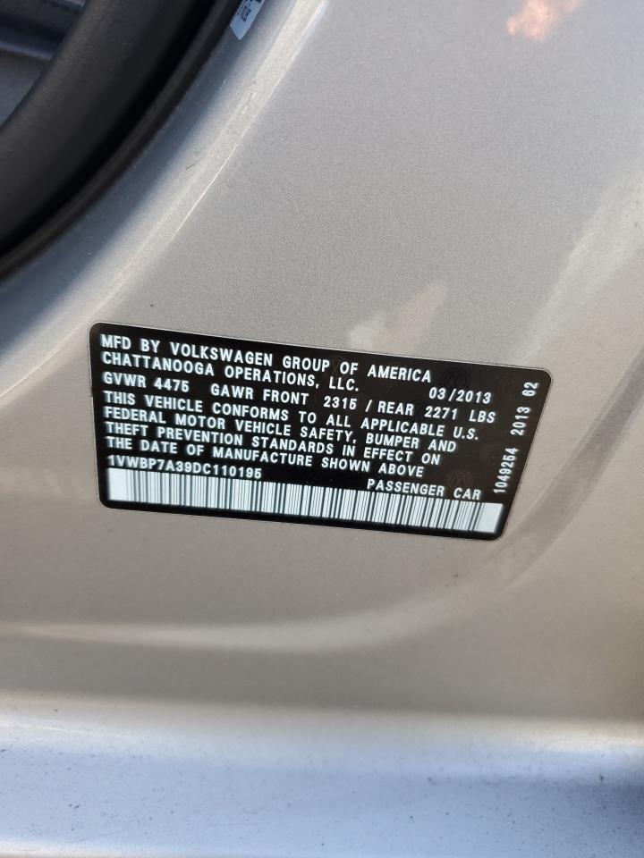 2013 Volkswagen Passat Se VIN: 1VWBP7A39DC110195 Lot: 93044465