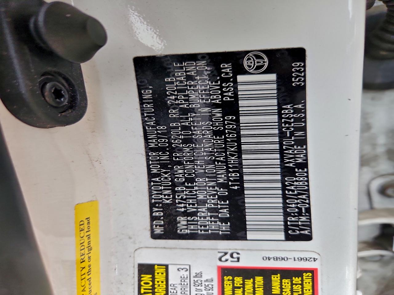 2019 Toyota Camry L VIN: 4T1B11HK7KU167979 Lot: 94460745