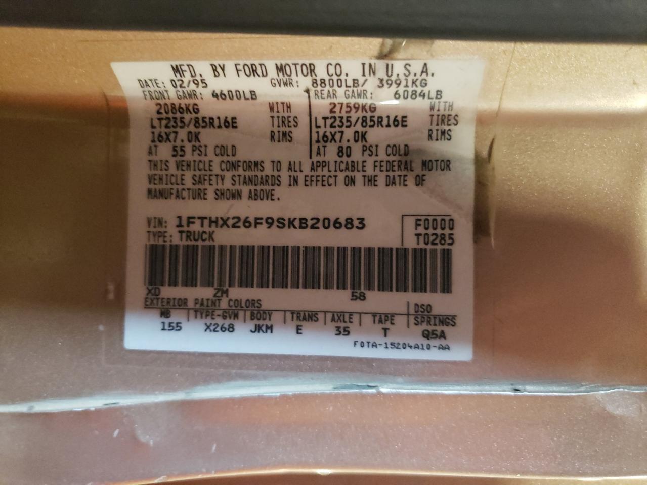 1995 Ford F250 VIN: 1FTHX26F9SKB20683 Lot: 92043355