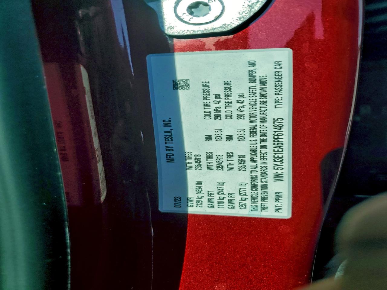 2023 Tesla Model 3 VIN: 5YJ3E1EA6PF614875 Lot: 94074935