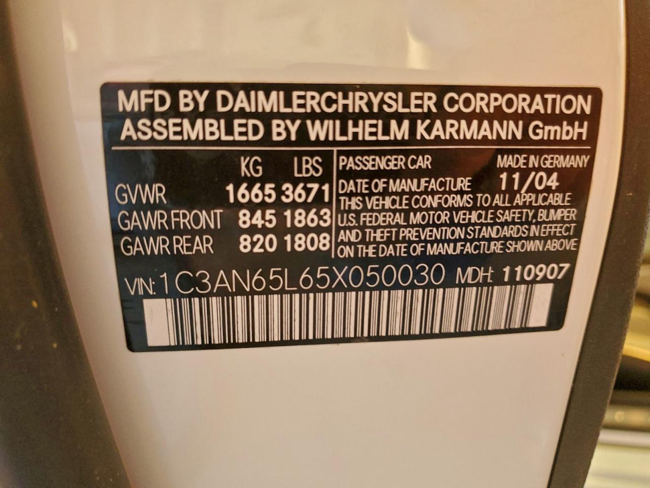 2005 Chrysler Crossfire Limited VIN: 1C3AN65L65X050030 Lot: 94484485