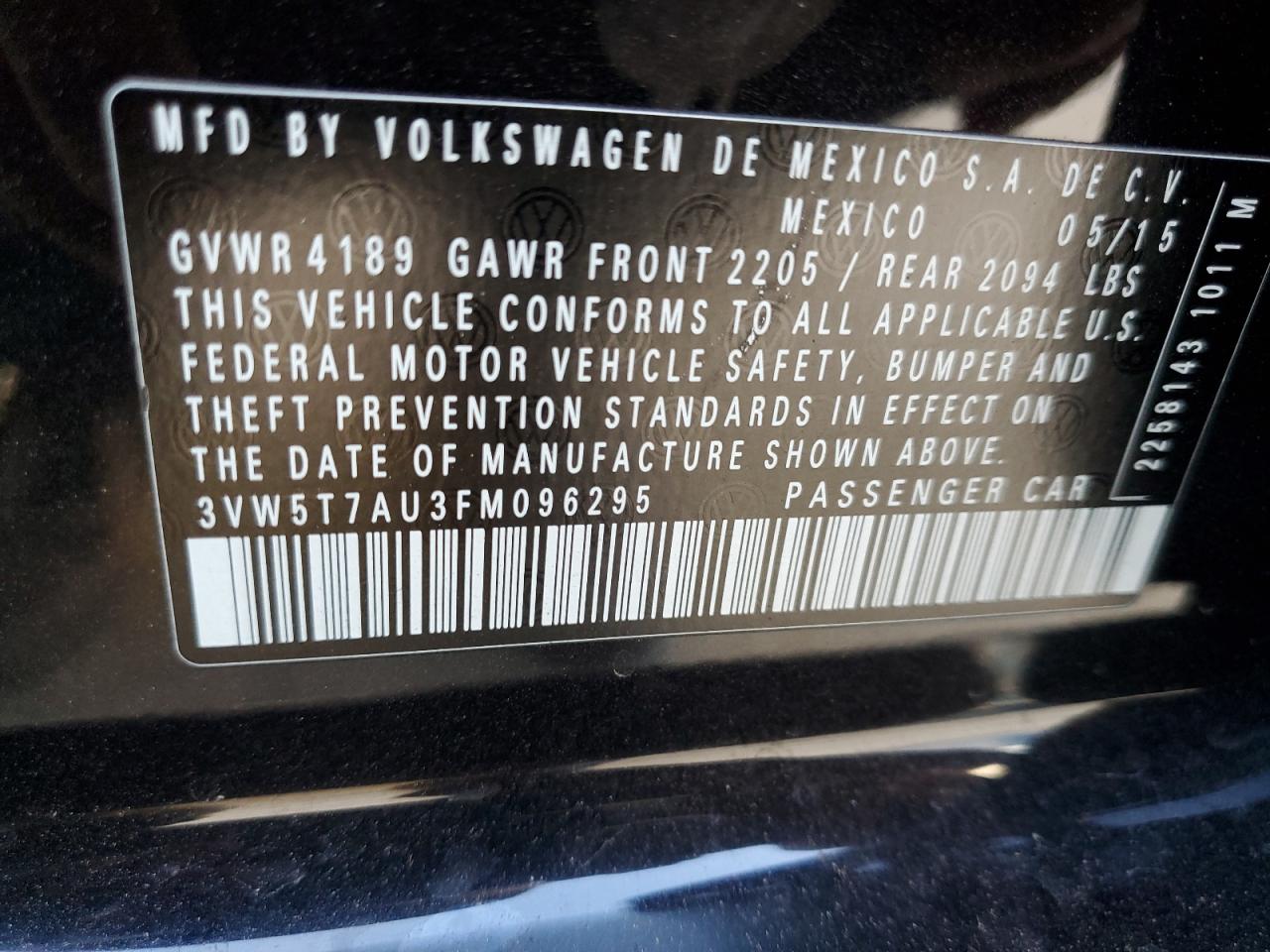 2015 Volkswagen Gti VIN: 3VW5T7AU3FM096295 Lot: 92216215