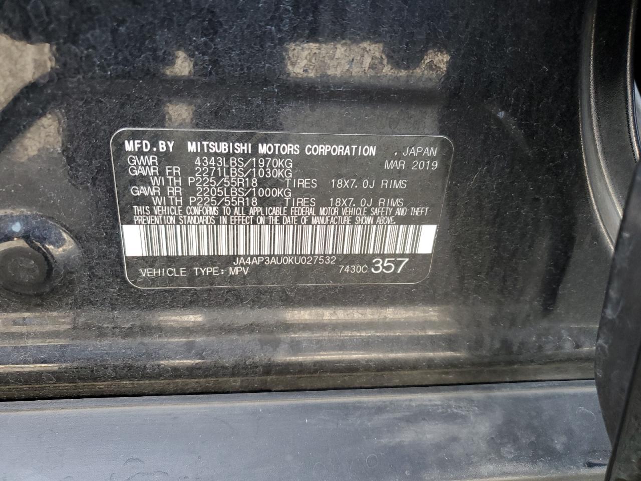 2019 Mitsubishi Outlander Sport Es VIN: JA4AP3AU0KU027532 Lot: 92286355