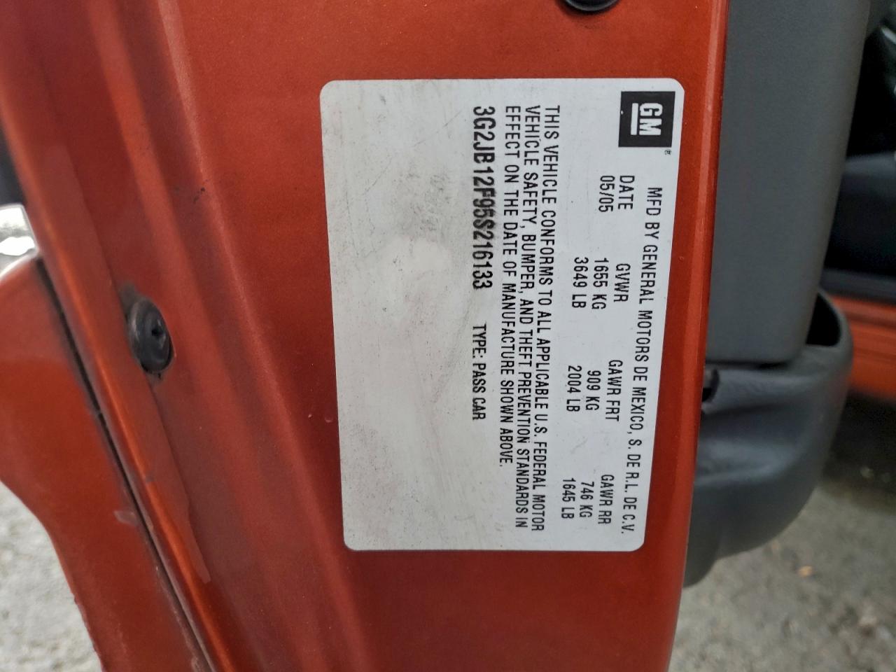 2005 Pontiac Sunfire VIN: 3G2JB12F95S216133 Lot: 94255705