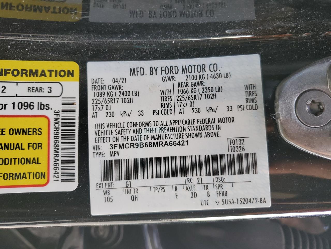 2021 Ford Bronco Sport Big Bend VIN: 3FMCR9B68MRA66421 Lot: 82782515