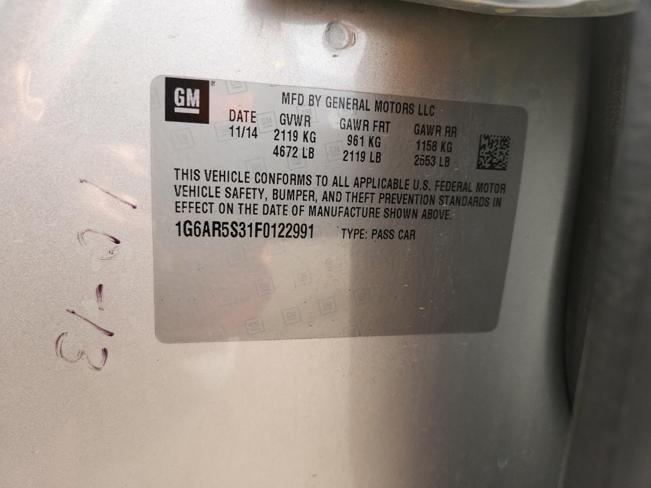 2015 Cadillac Cts Luxury Collection VIN: 1G6AR5S31F0122991 Lot: 93142875