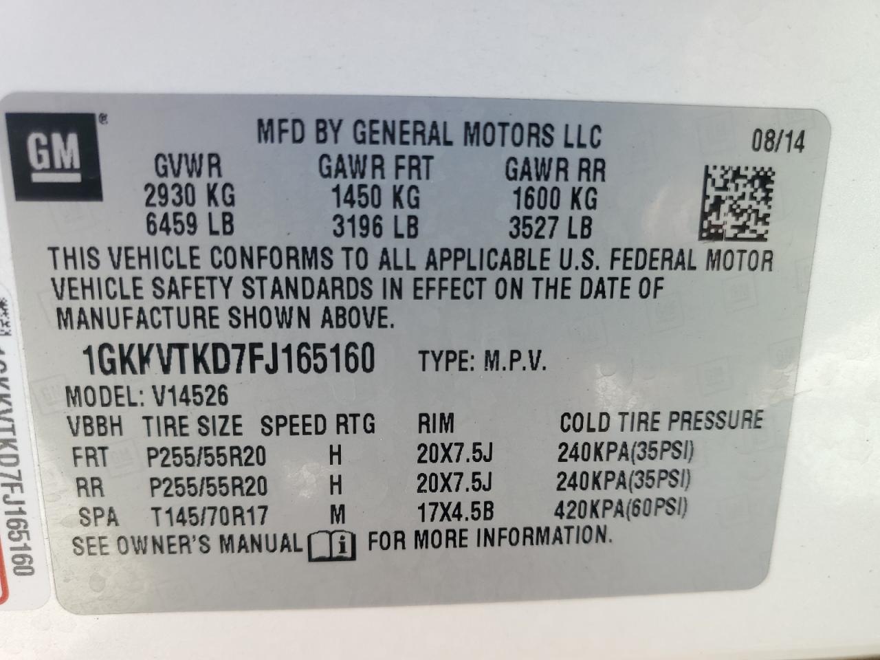 2015 GMC Acadia Denali VIN: 1GKKVTKD7FJ165160 Lot: 92942725