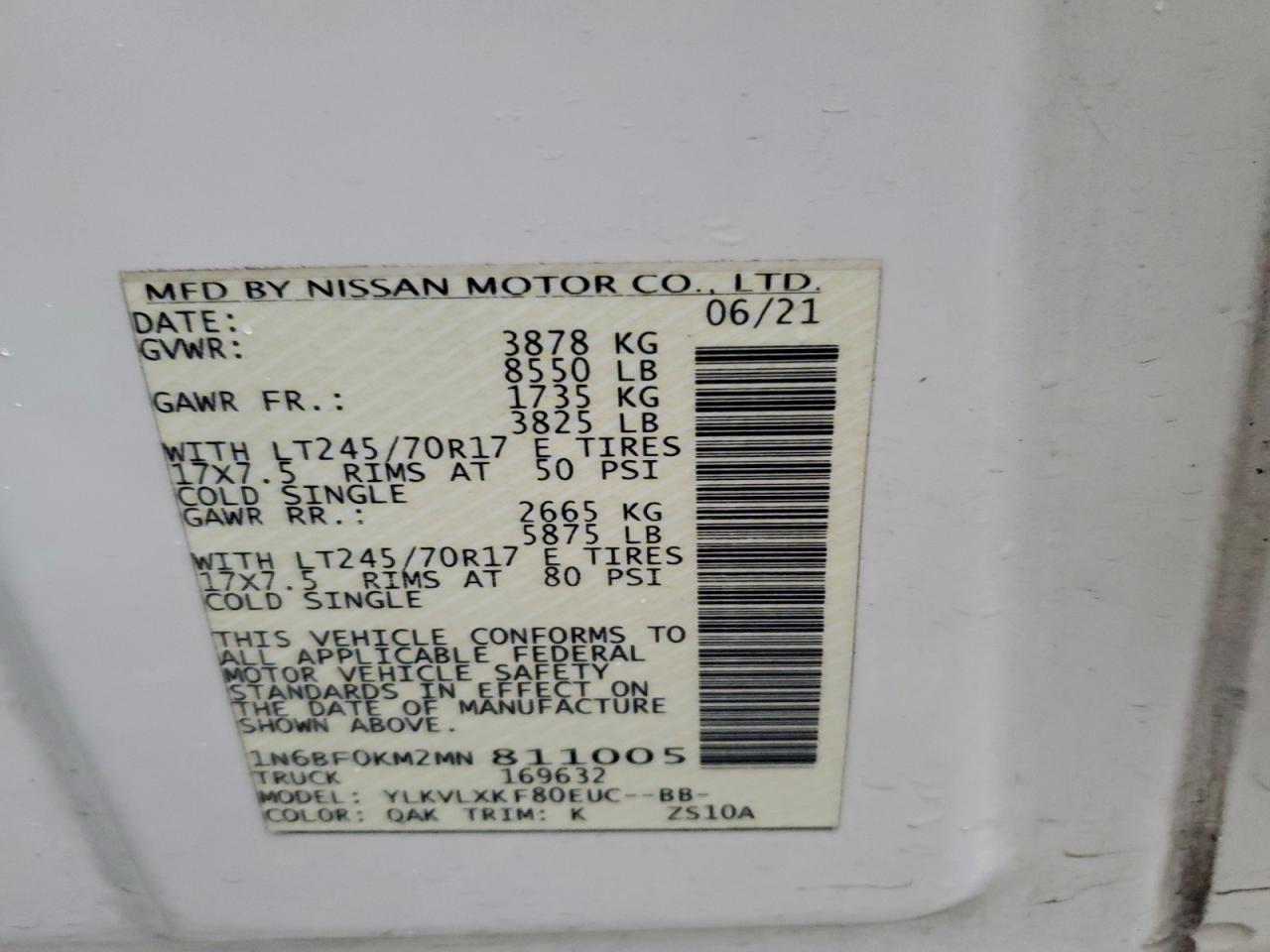 2021 Nissan Nv 1500 S VIN: 1N6BF0KM2MN811005 Lot: 94327735