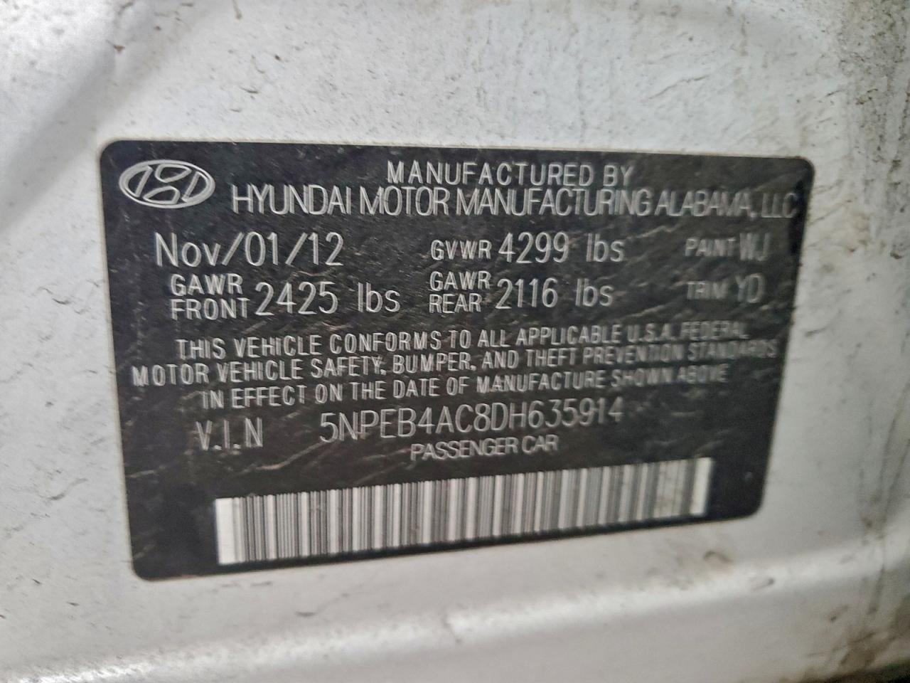 2013 Hyundai Sonata Gls VIN: 5NPEB4AC8DH635914 Lot: 94312865