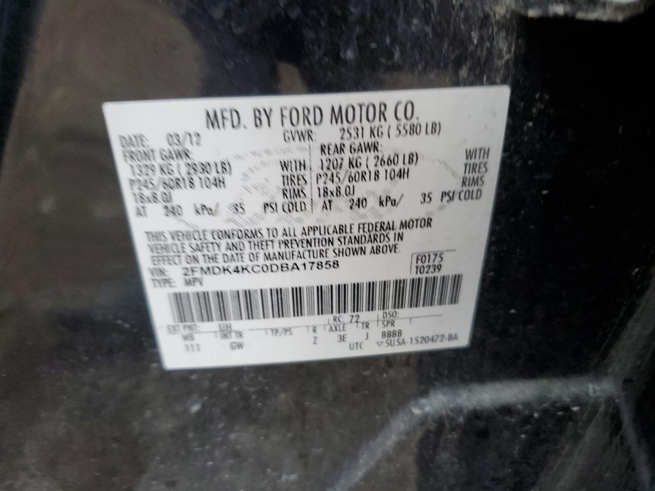 2013 Ford Edge Limited VIN: 2FMDK4KC0DBA17858 Lot: 93420555