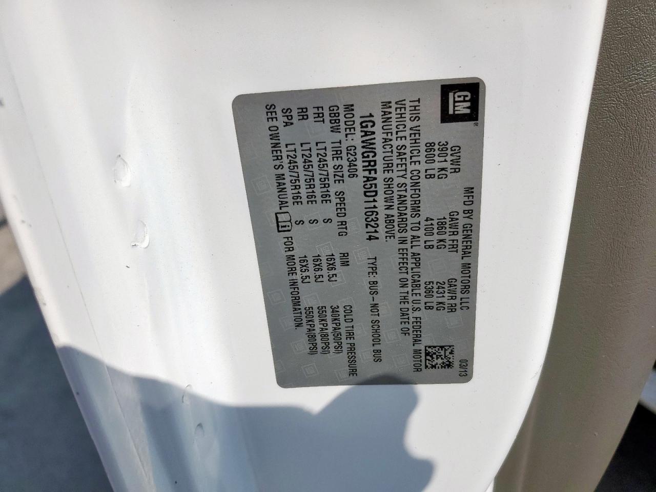 2013 Chevrolet Express G2500 Lt VIN: 1GAWGRFA5D1163214 Lot: 92719755