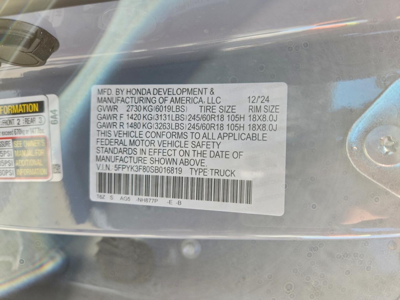 2025 Honda Ridgeline Black Edition VIN: 5FPYK3F80SB016819 Lot: 94027435