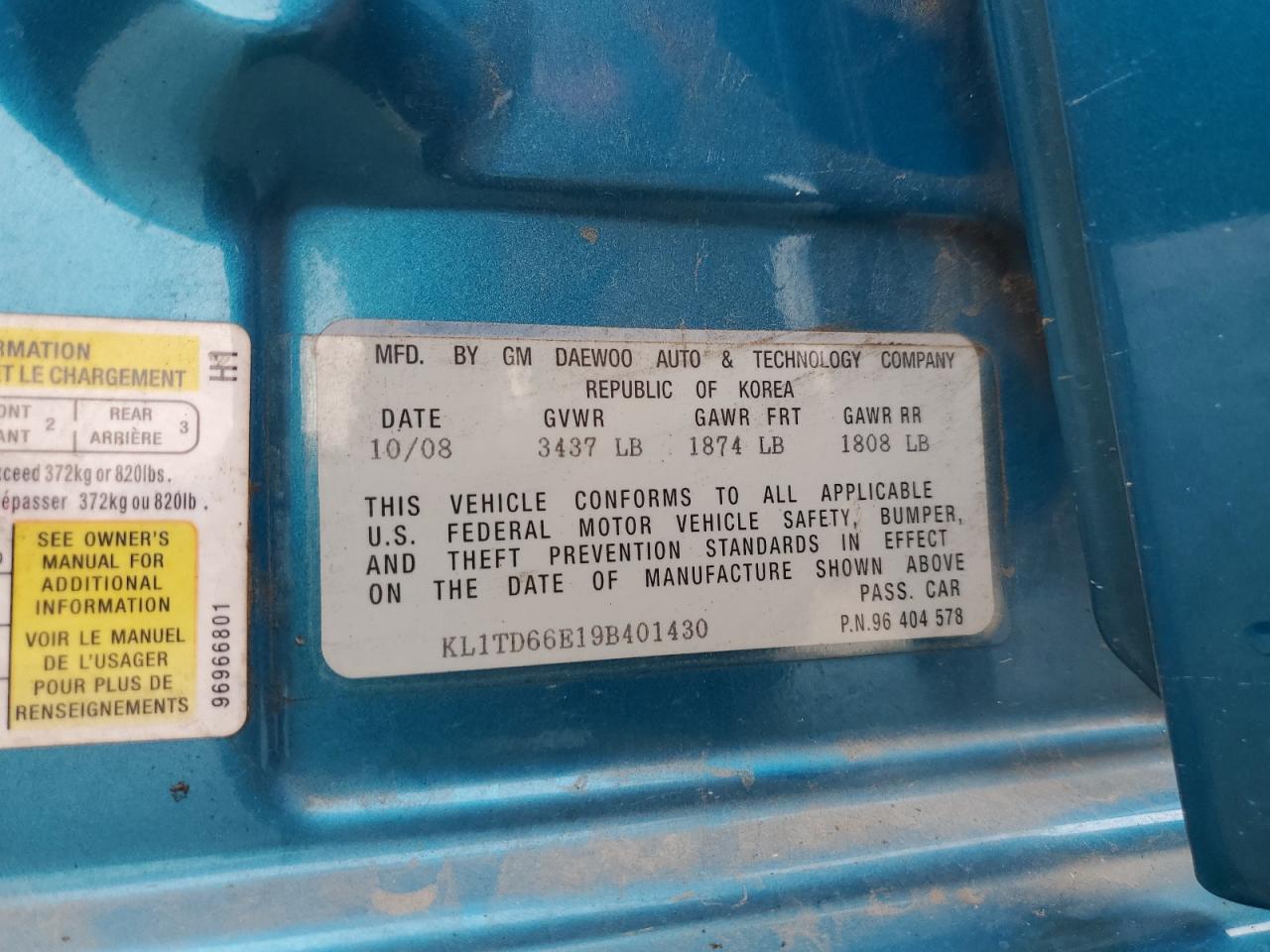 2009 Chevrolet Aveo Ls VIN: KL1TD66E19B401430 Lot: 90664595