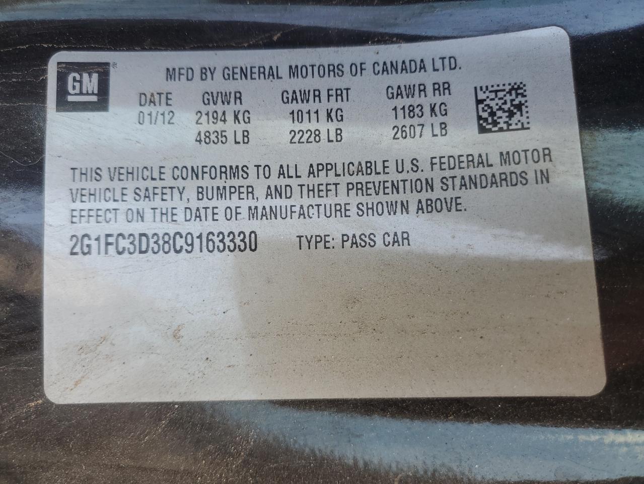 2012 Chevrolet Camaro Lt VIN: 2G1FC3D38C9163330 Lot: 92866395