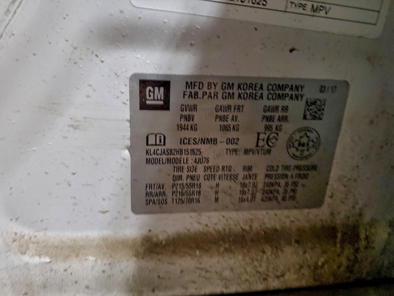 2017 Buick Encore Preferred VIN: KL4CJASB2HB151625 Lot: 93756015