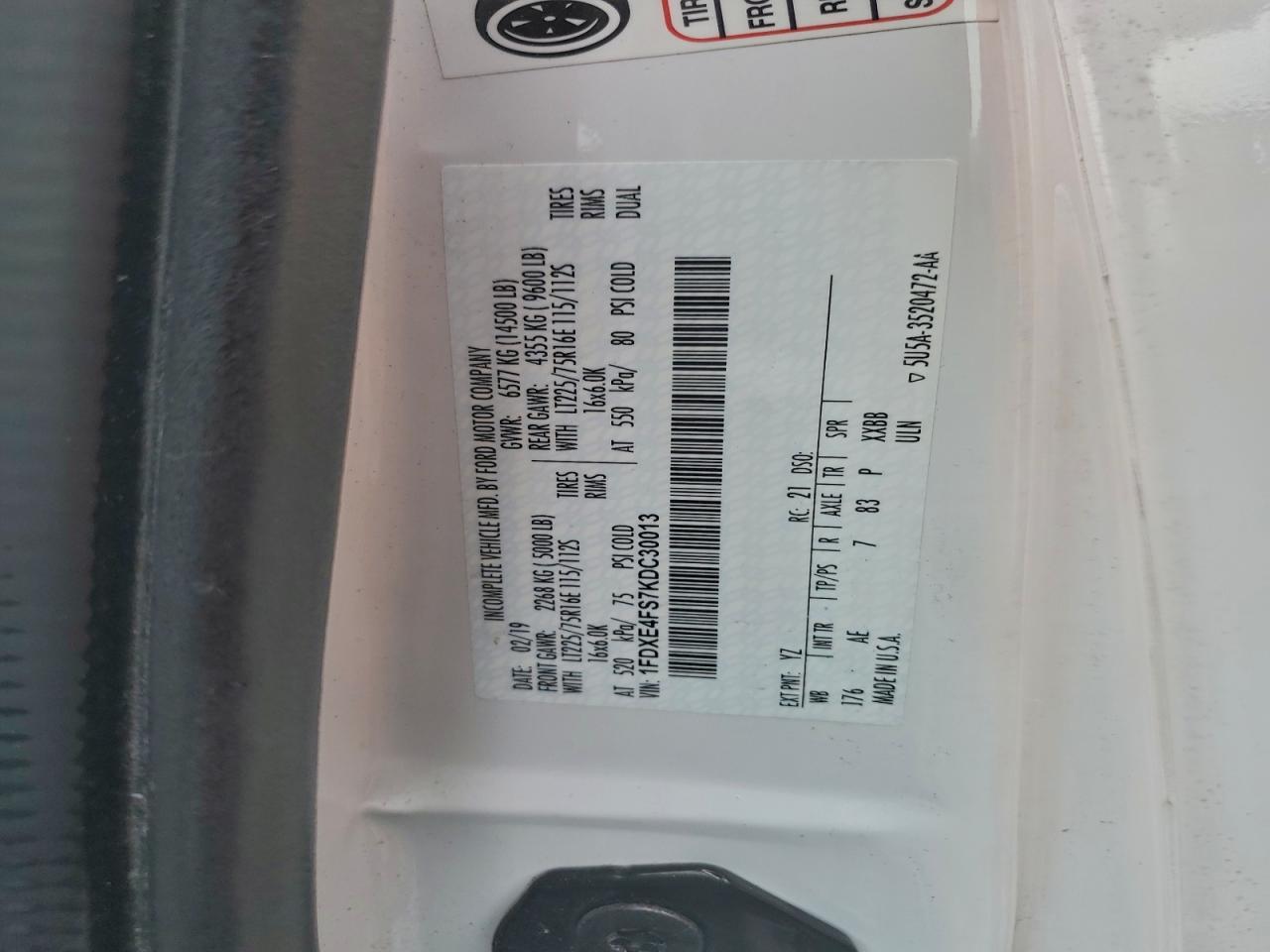 2019 Ford Econoline E450 Super Duty Cutaway Van VIN: 1FDXE4FS7KDC30013 Lot: 94131075