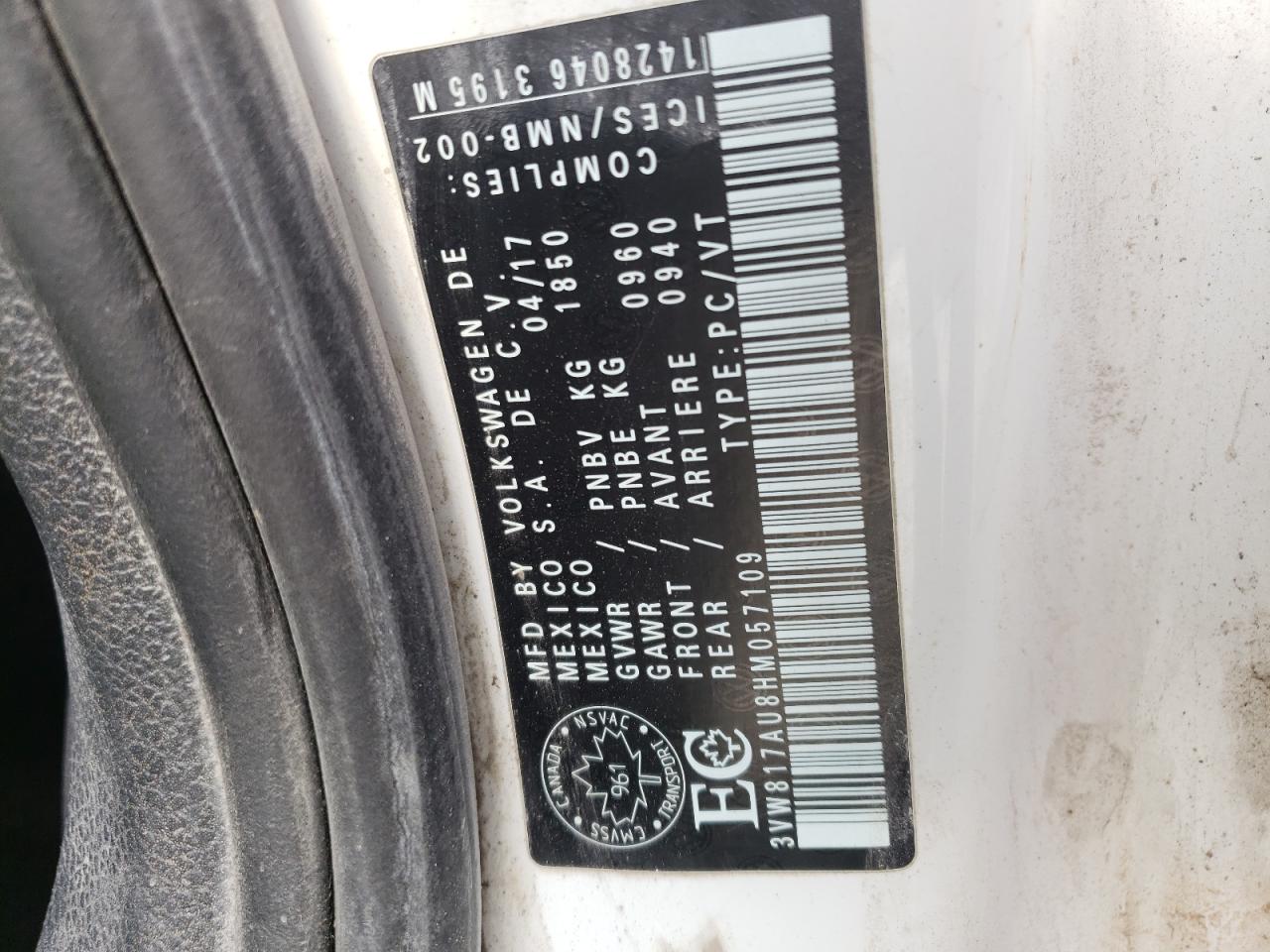 2017 Volkswagen Golf Trendline VIN: 3VW817AU8HM057109 Lot: 93191905