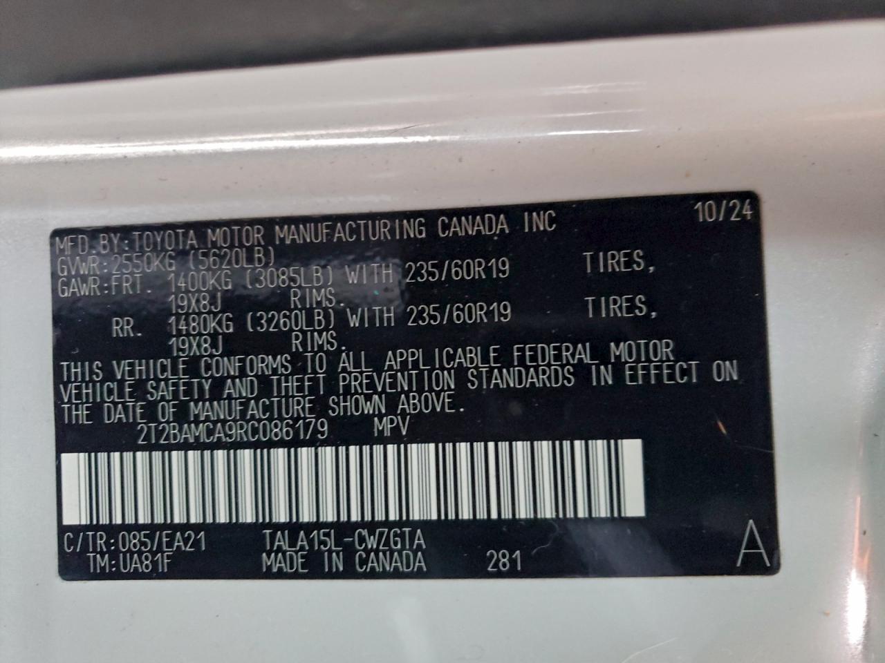 2024 Lexus Rx 350 Base VIN: 2T2BAMCA9RC086179 Lot: 94184705