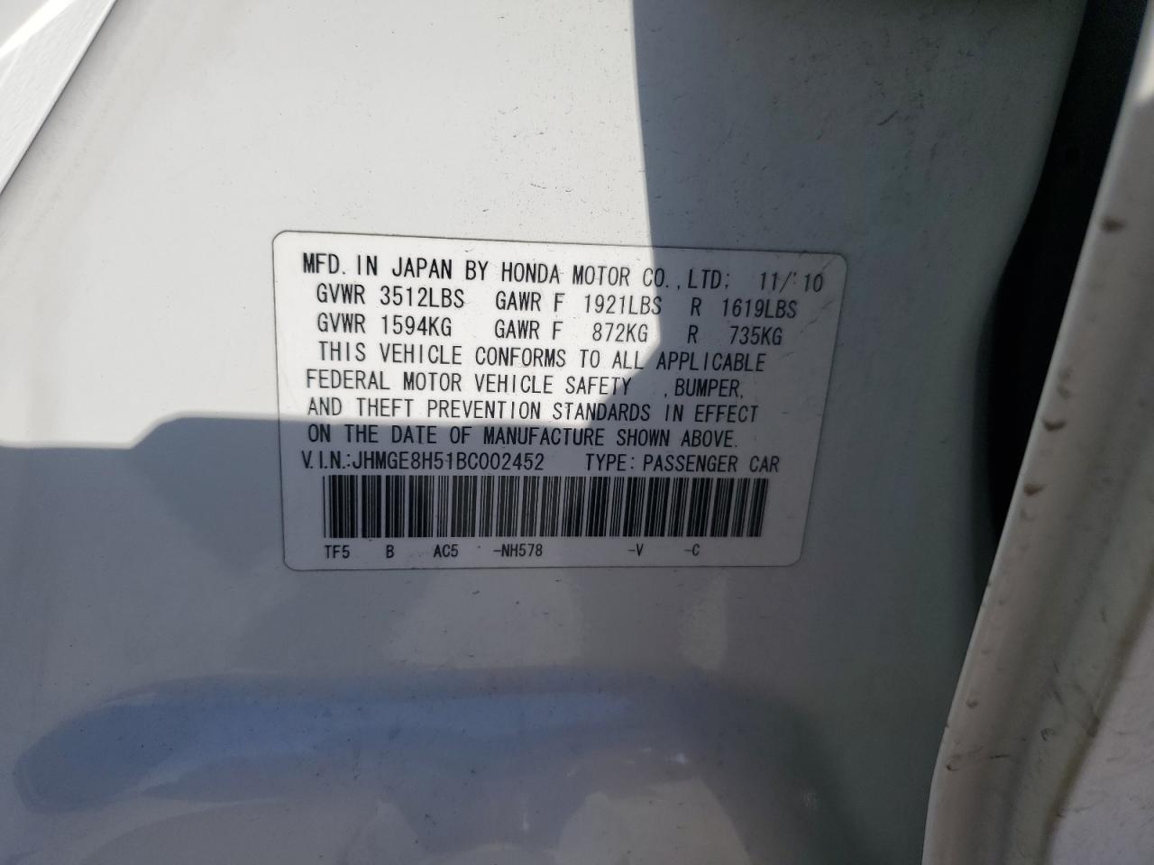 2011 Honda Fit Sport VIN: JHMGE8H51BC002452 Lot: 91851795