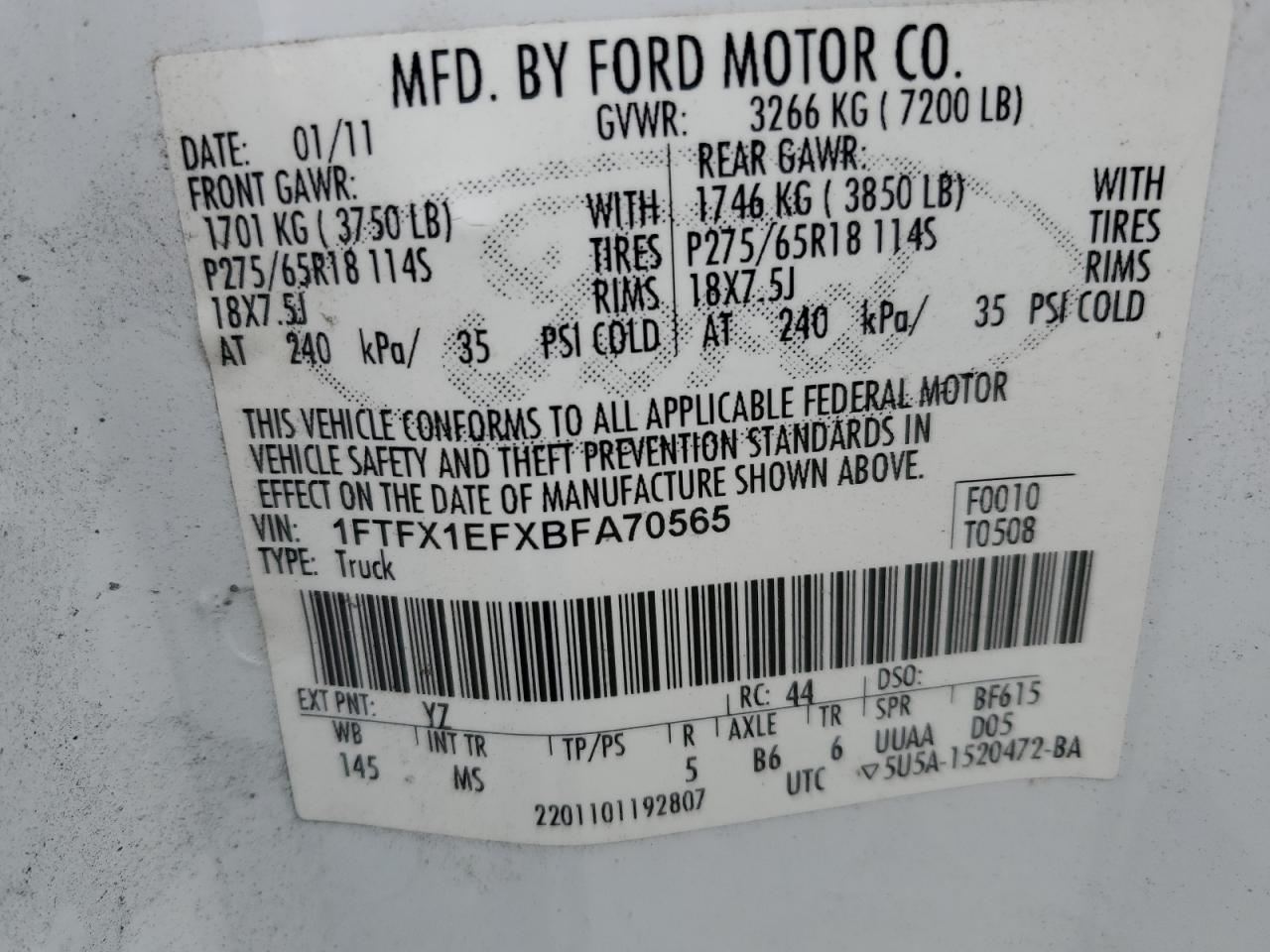 2011 Ford F150 Super Cab VIN: 1FTFX1EFXBFA70565 Lot: 92215765