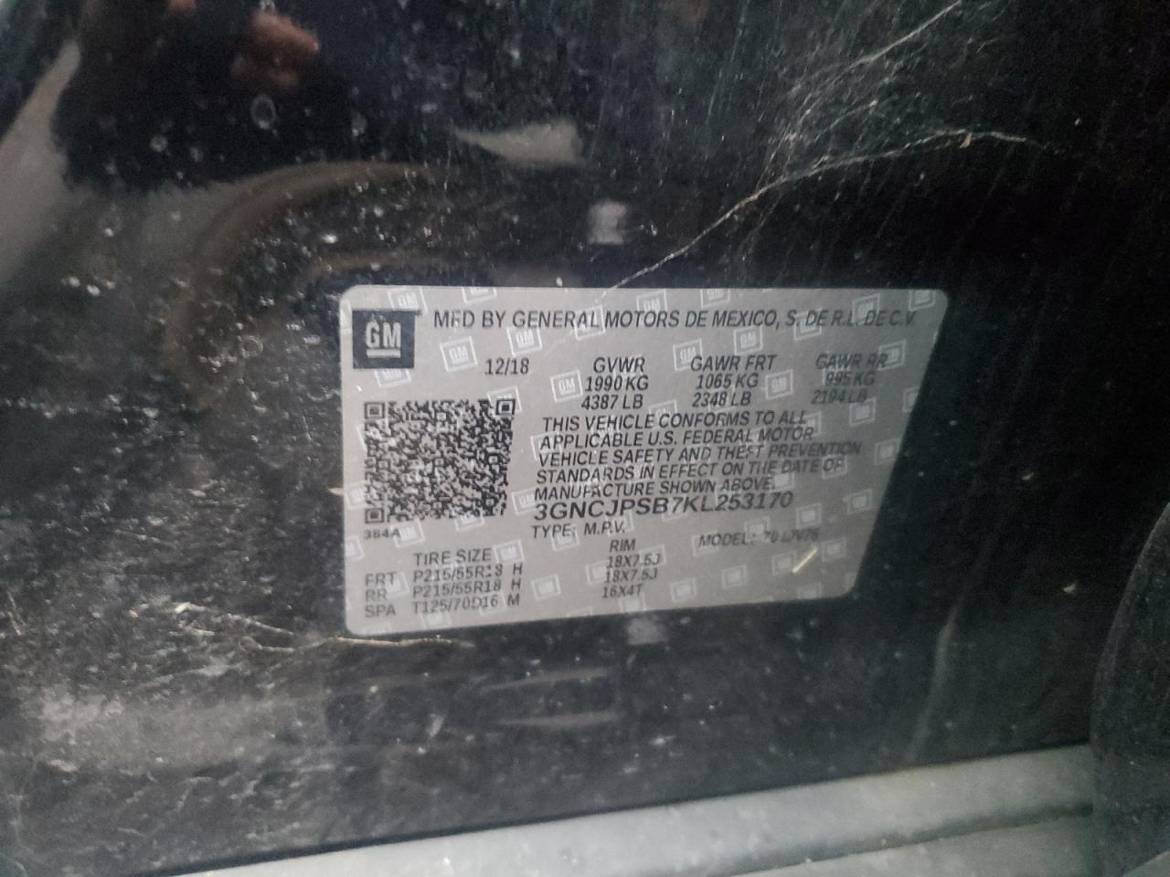 2019 Chevrolet Trax 1Lt VIN: 3GNCJPSB7KL253170 Lot: 93706885