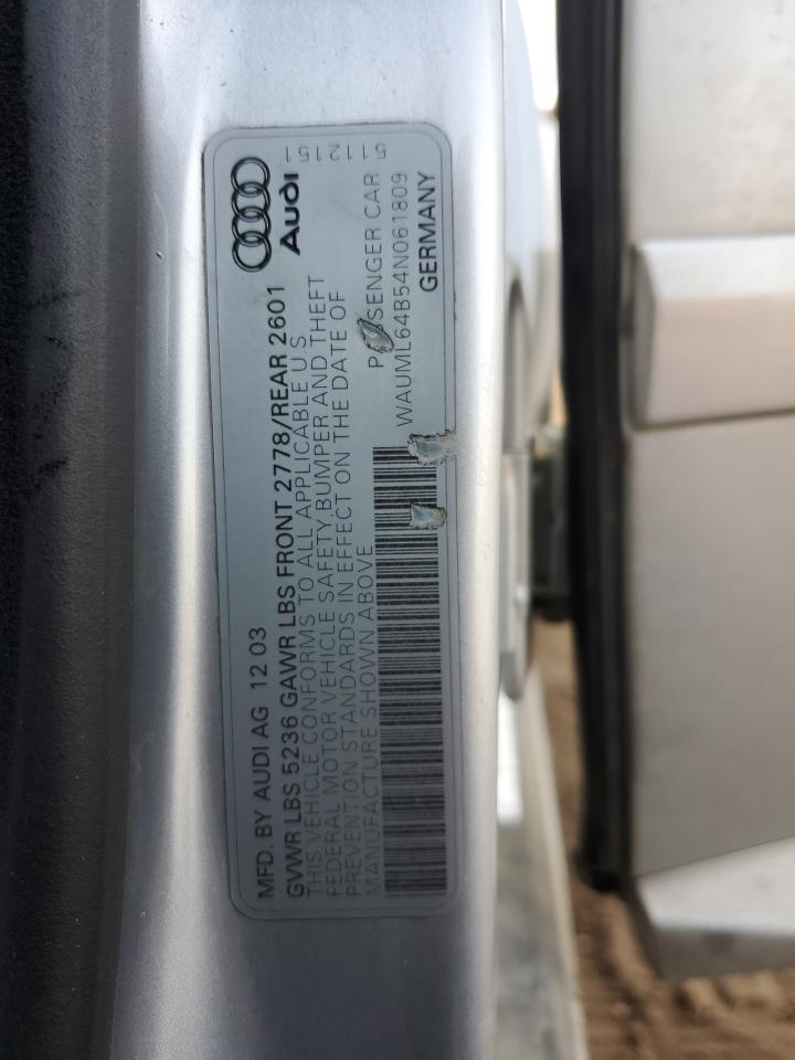 2004 Audi A6 4.2 Quattro VIN: WAUML64B54N061809 Lot: 92085605