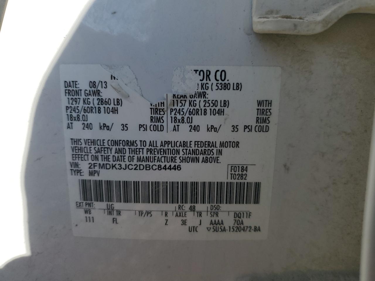 2013 Ford Edge Sel VIN: 2FMDK3JC2DBC84446 Lot: 91265035