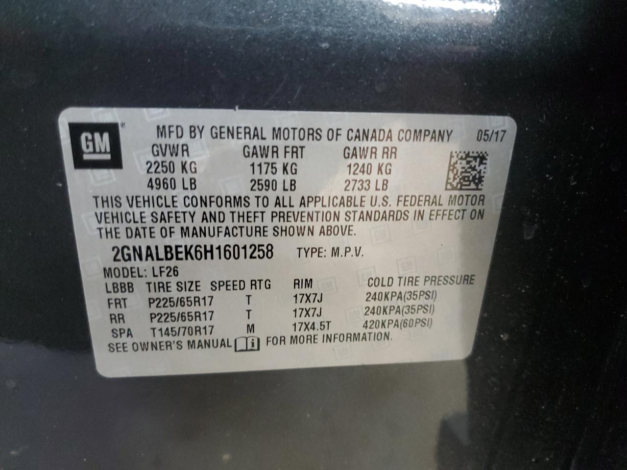 2017 Chevrolet Equinox Ls VIN: 2GNALBEK6H1601258 Lot: 92686935