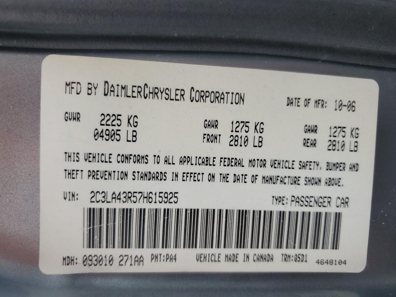 2007 Chrysler 300 VIN: 2C3LA43R57H615925 Lot: 91724685