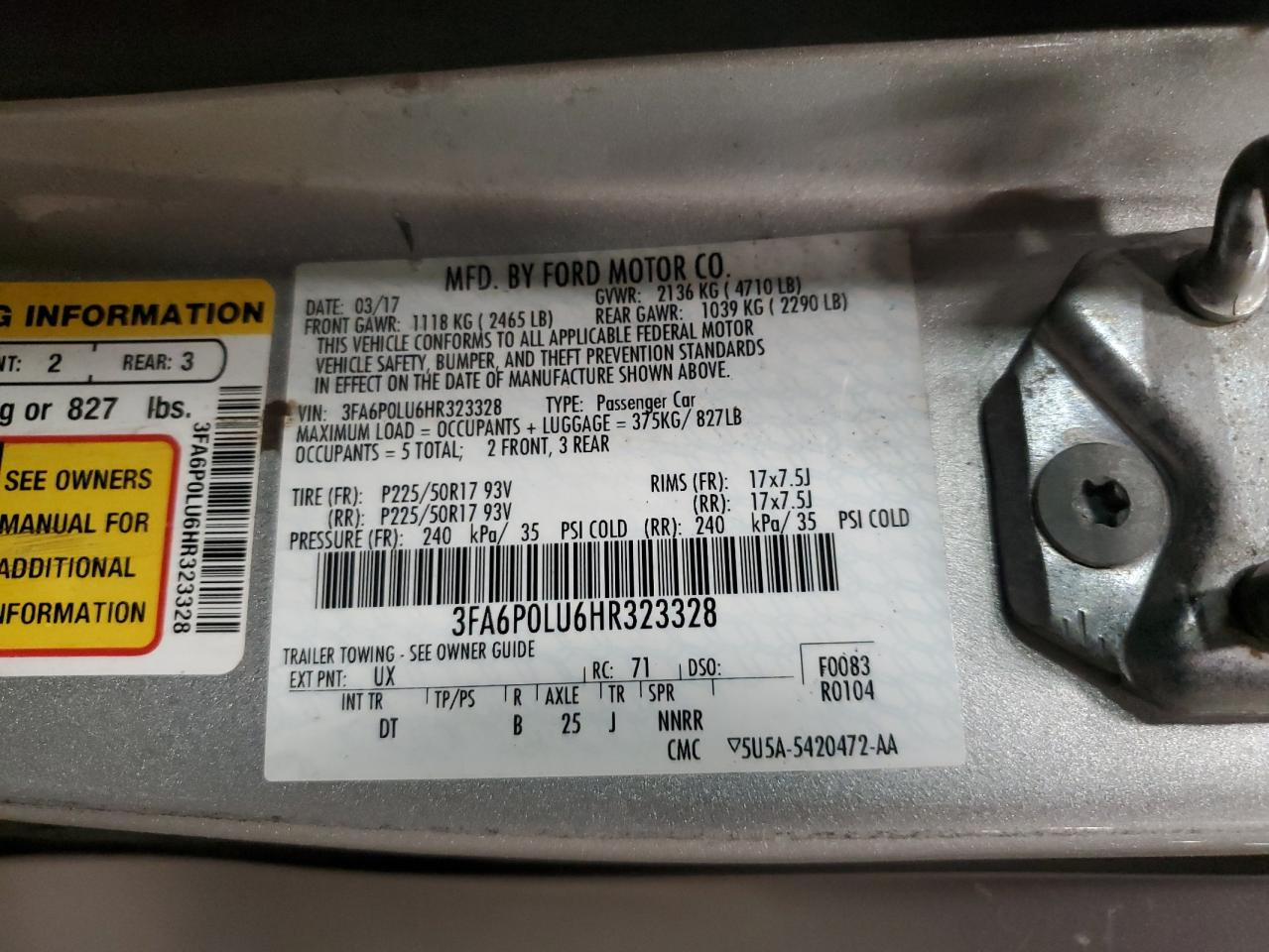 2017 Ford Fusion Se Hybrid VIN: 3FA6P0LU6HR323328 Lot: 91967825