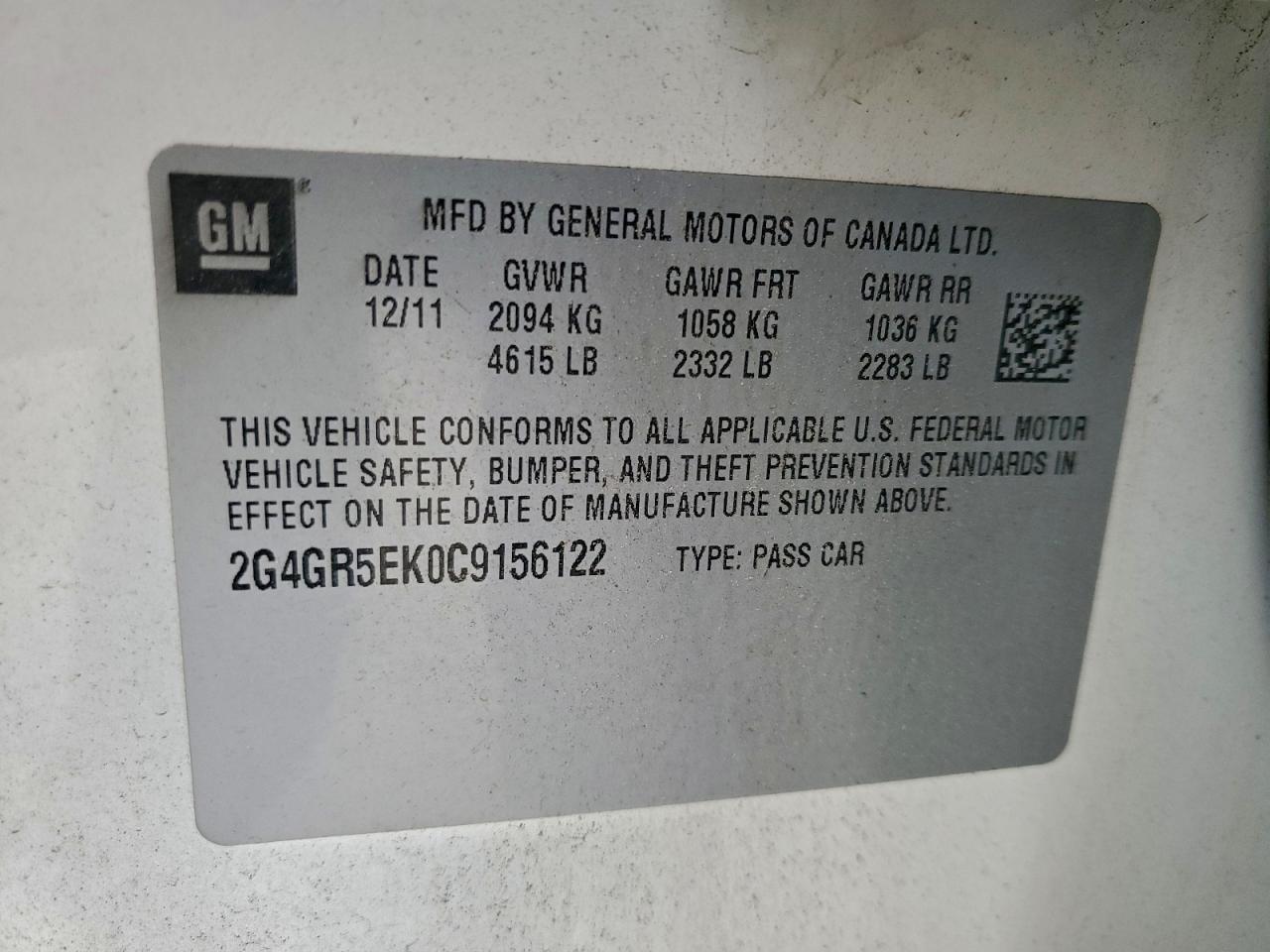 2012 Buick Regal VIN: 2G4GR5EK0C9156122 Lot: 94710435