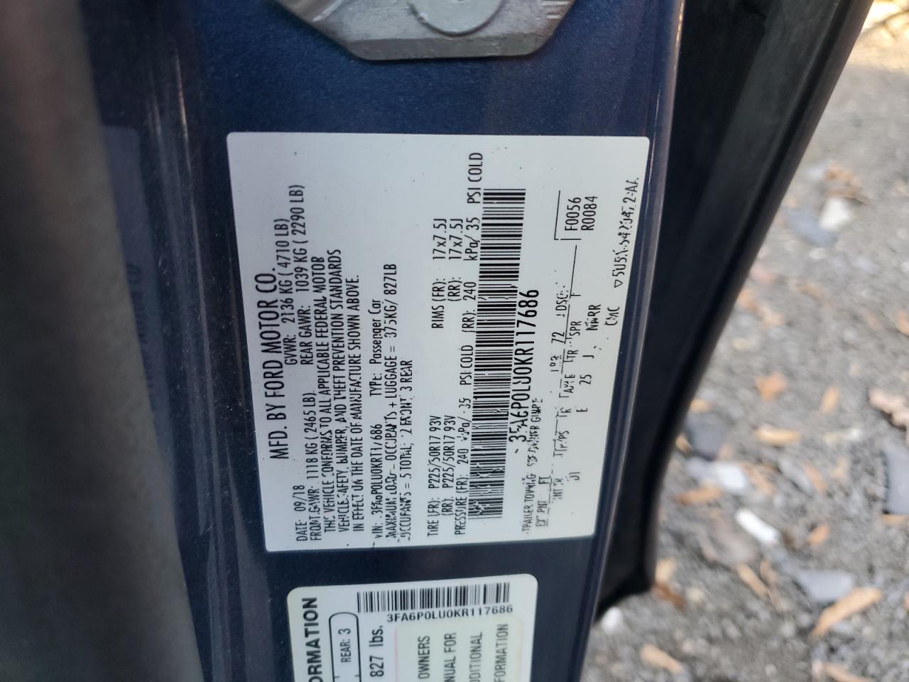 2019 Ford Fusion Se VIN: 3FA6P0LU0KR117686 Lot: 90806735