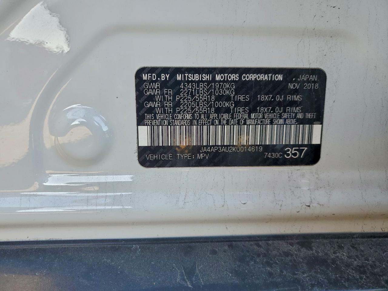 2019 Mitsubishi Outlander Sport Es VIN: JA4AP3AU2KU014619 Lot: 94182625