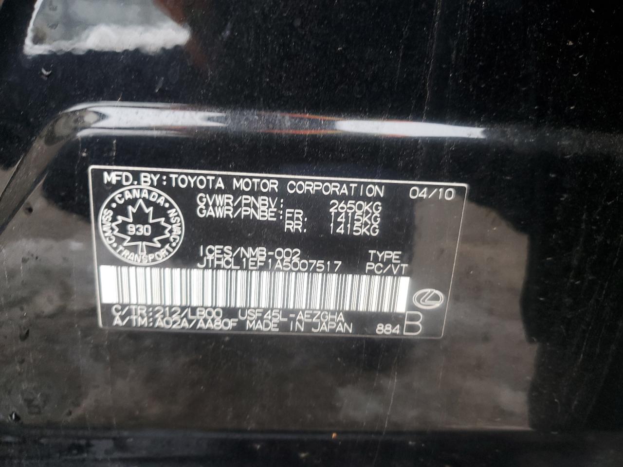 2010 Lexus Ls 460 VIN: JTHCL1EF1A5007517 Lot: 92616165