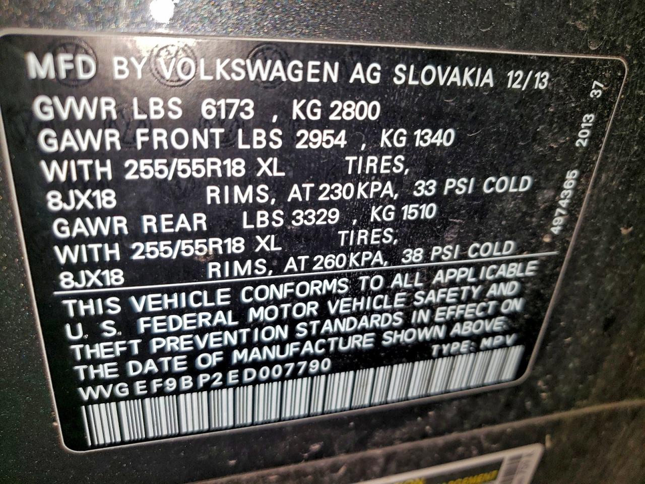 2014 Volkswagen Touareg V6 VIN: WVGEF9BP2ED007790 Lot: 94287475