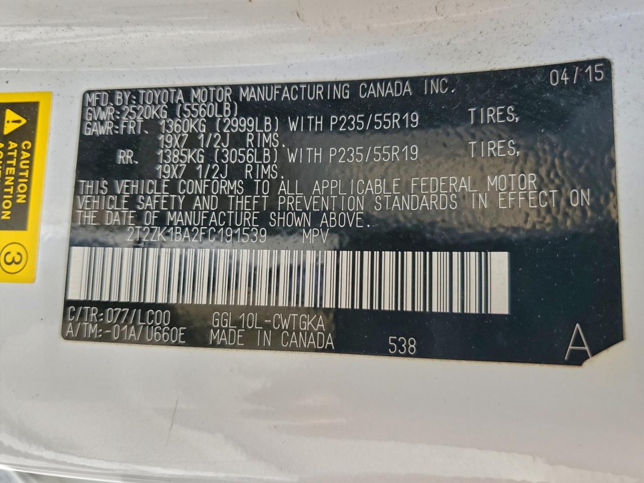 2015 Lexus Rx 350 VIN: 2T2ZK1BA2FC191539 Lot: 92352815