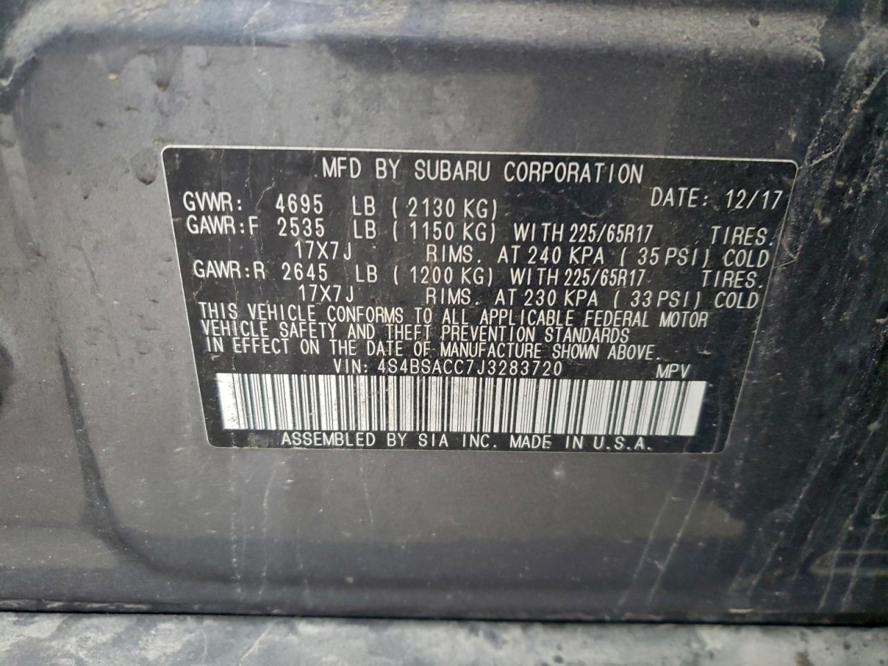 2018 Subaru Outback 2.5I Premium VIN: 4S4BSACC7J3283720 Lot: 94295795