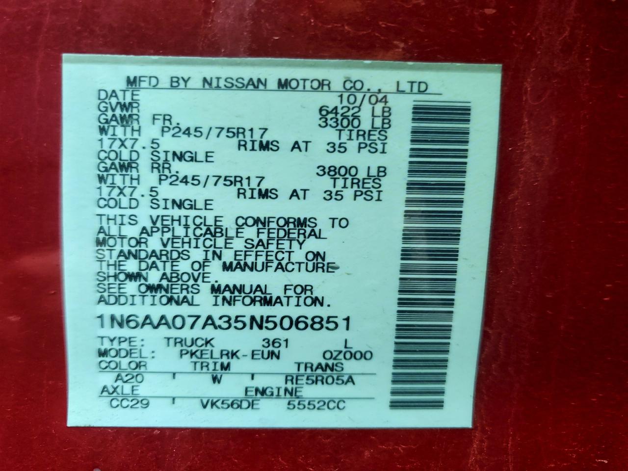 2005 Nissan Titan Xe VIN: 1N6AA07A35N506851 Lot: 94710715