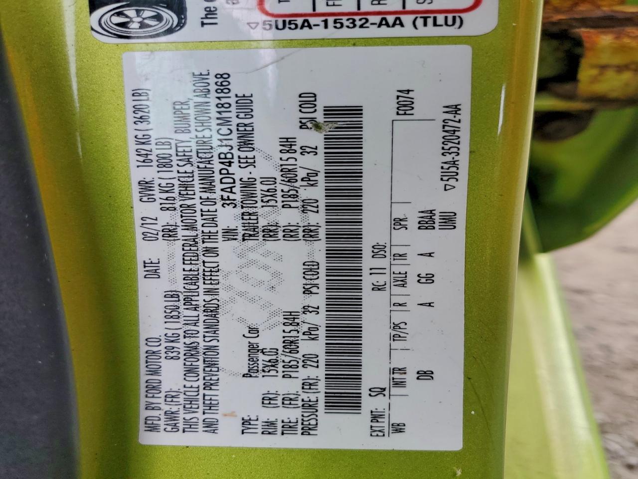 2012 Ford Fiesta Se VIN: 3FADP4BJ1CM181868 Lot: 93568815