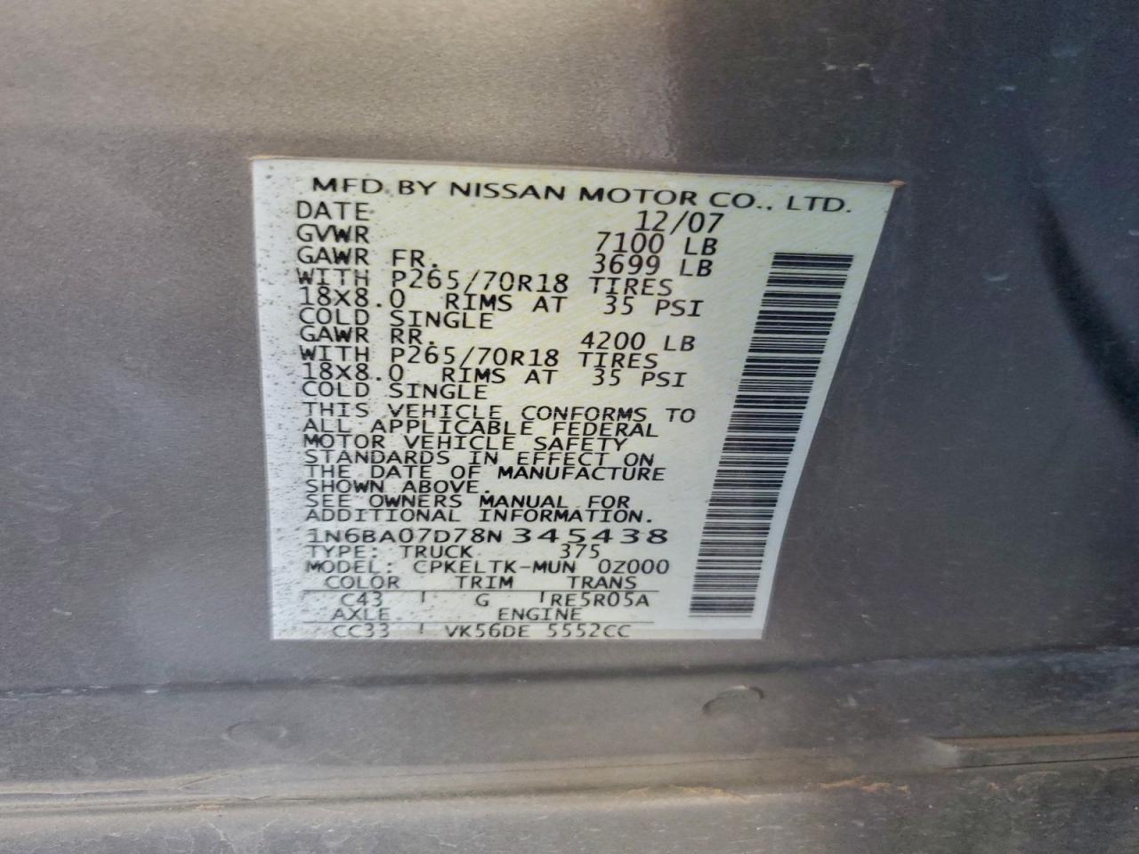 2008 Nissan Titan Xe VIN: 1N6BA07D78N345438 Lot: 93974285