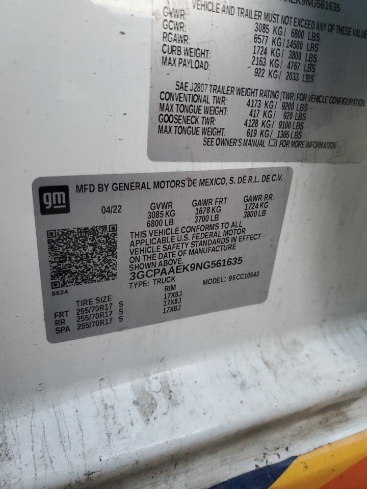 2022 Chevrolet Silverado C1500 VIN: 3GCPAAEK9NG561635 Lot: 93043835